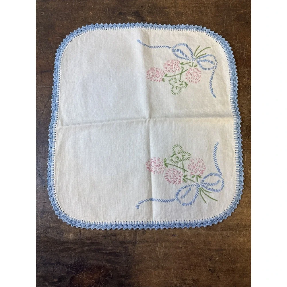 Set Hand Embroidered Dresser Set Doily's Crochet Border Blue Pink Flowers